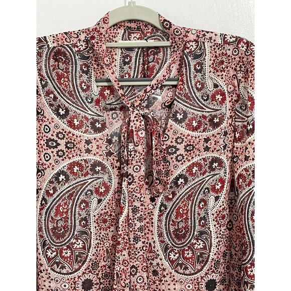 Alice & Olivia Blouse Medium Sheer Red Paisley Floral Tie Neck Preppy Modest - Picture 4 of 9